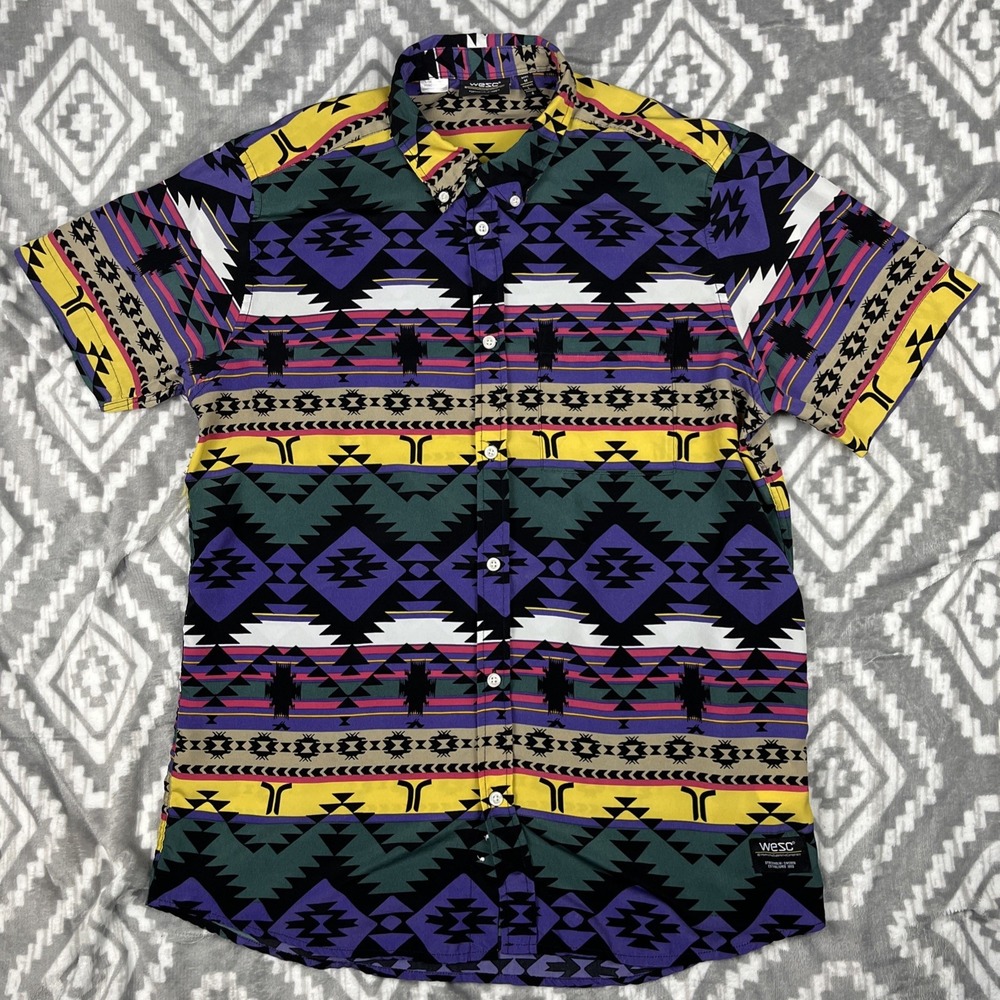 WESC Shirt Adult Men M Women L Colorblock Aztec Stretch Short Sleeve